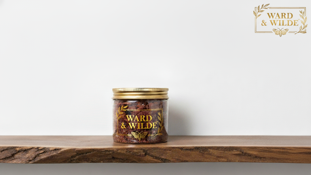 Jar of Ward & Wilde on a wooden shelf with a white background