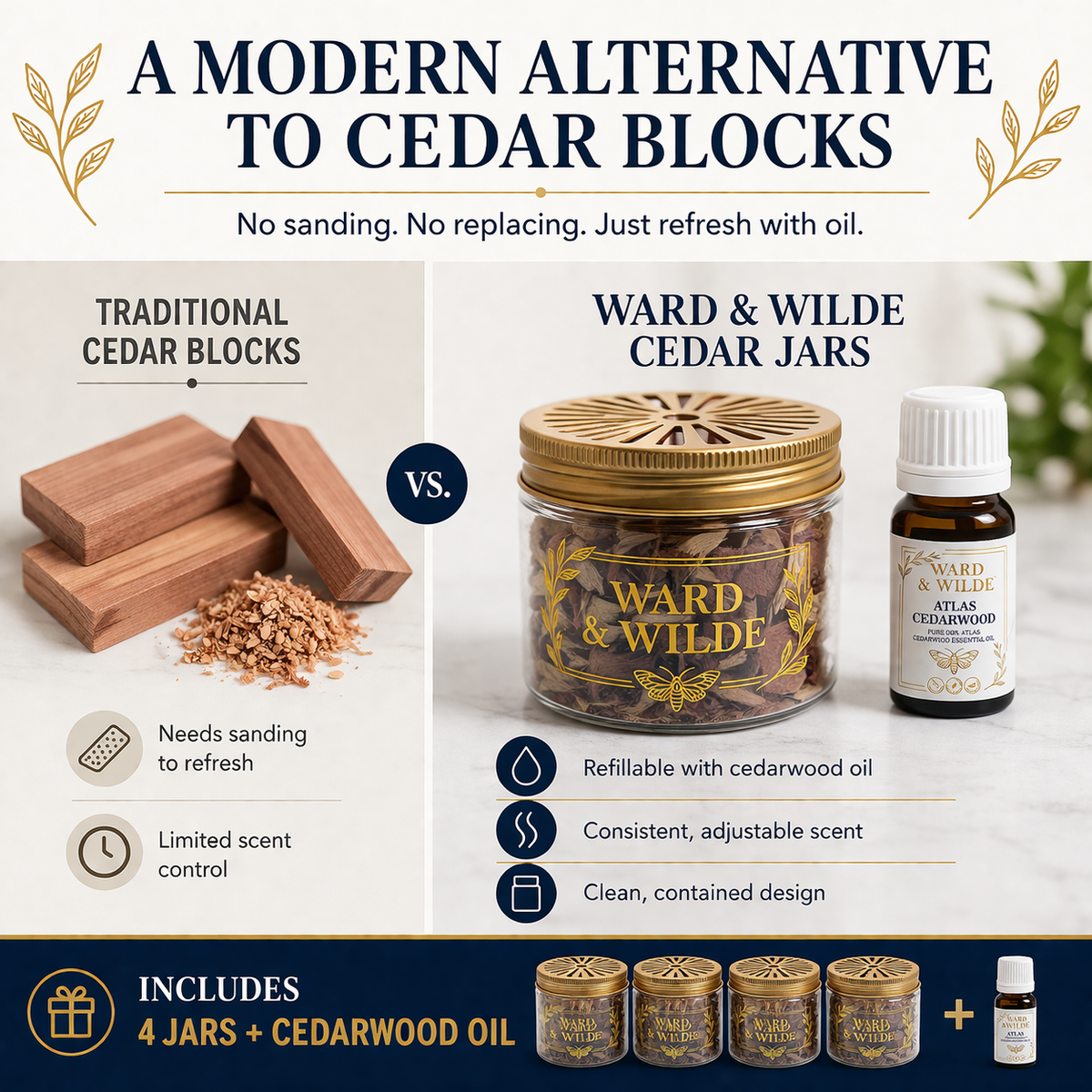 Ward & Wilde Natural Red Cedar Jars — Reusable Closet & Drawer Freshener (4-Pack + Cedarwood Oil)