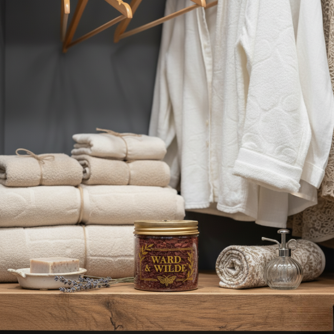 Stack of towels, a jar labeled 'Ward & Wilde', and other bathroom items on a wooden surface.