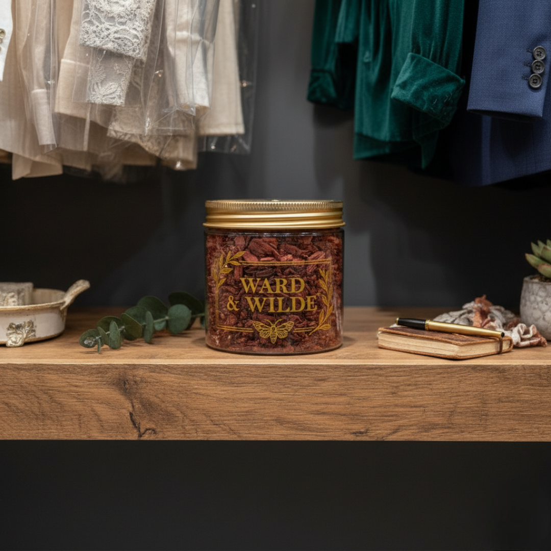 Ward & Wilde candle on a wooden surface with clothing in the background