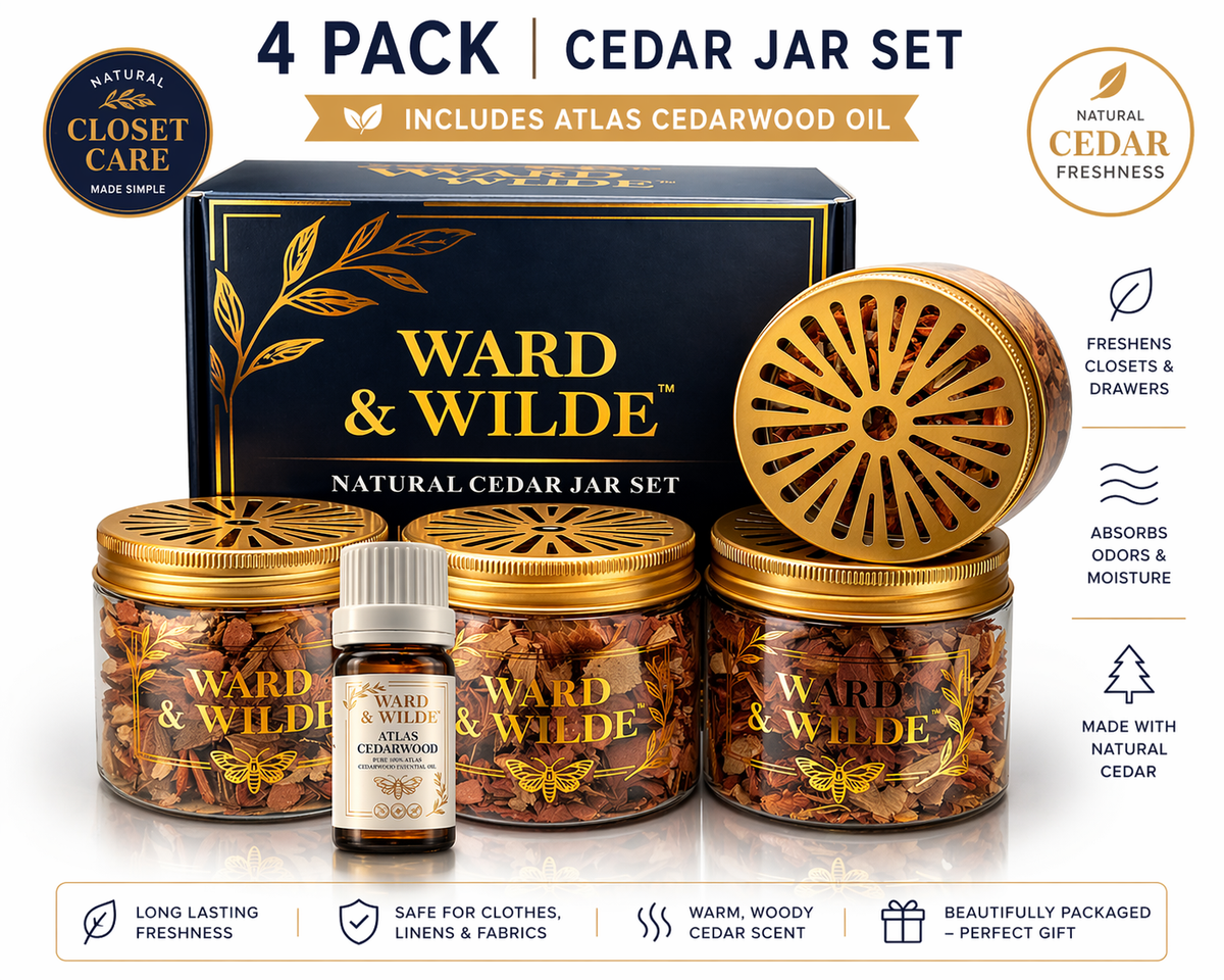Ward & Wilde Natural Red Cedar Jars — Reusable Closet & Drawer Freshener (4-Pack + Cedarwood Oil)